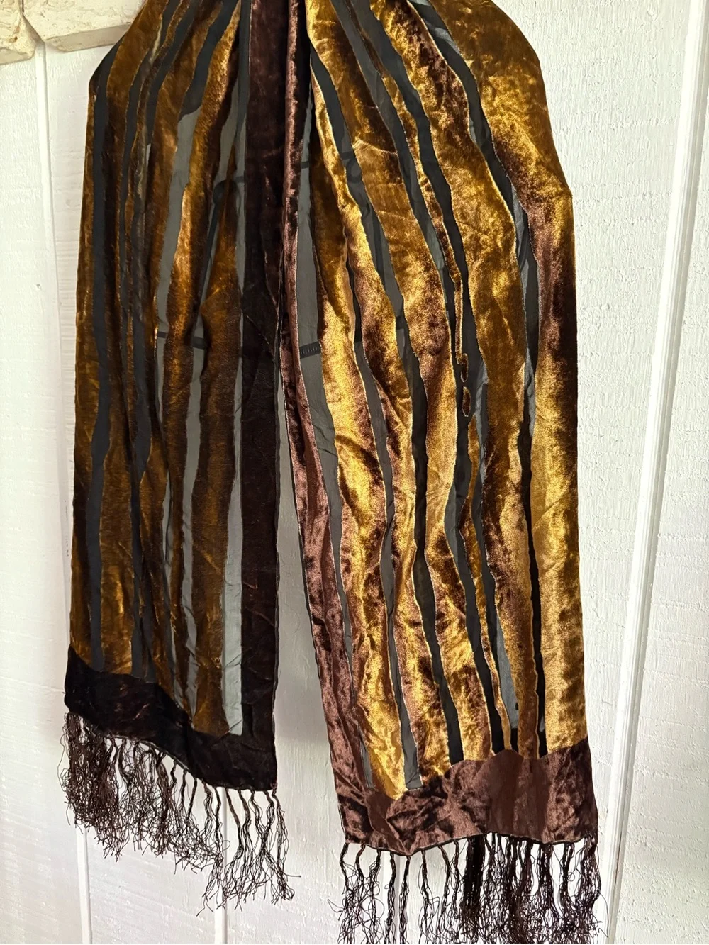 Vintage Brown and Gold Tiger Striped Velvet Silk Scarf